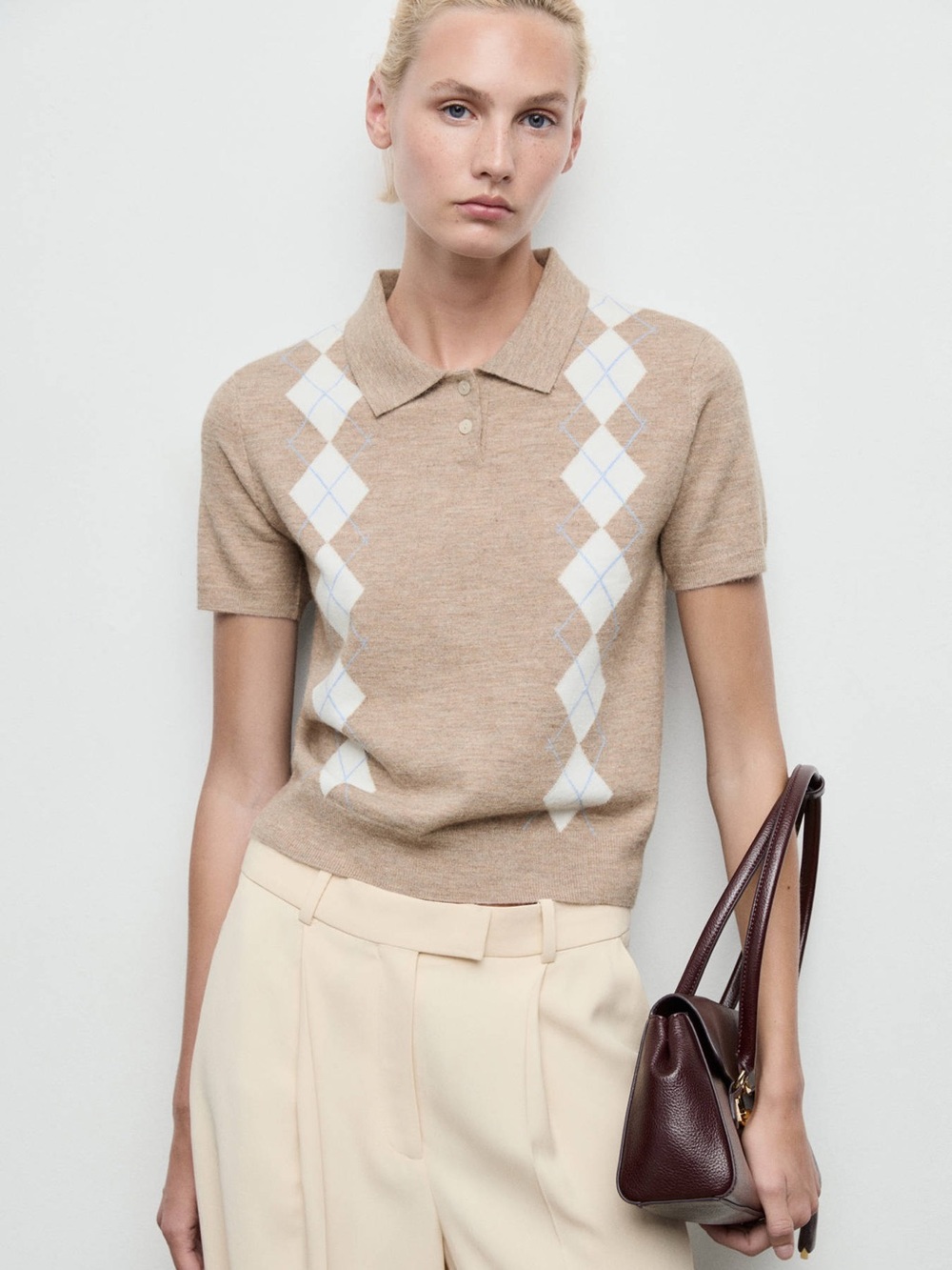 Mango Beige Short-Sleeve Argyle Polo Knit